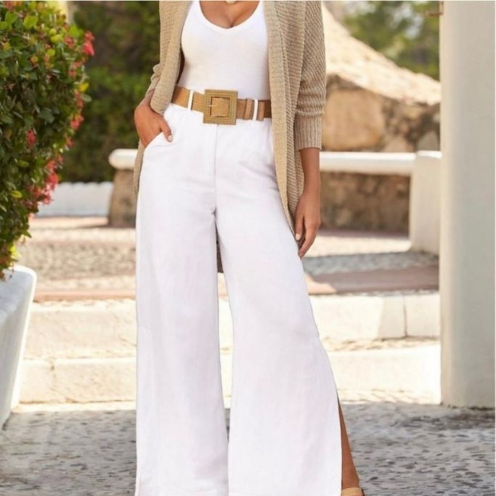 BOSTON PROPER - LINEN SIDE-SLIT PANT Flare Palazzo - White Size 10 New